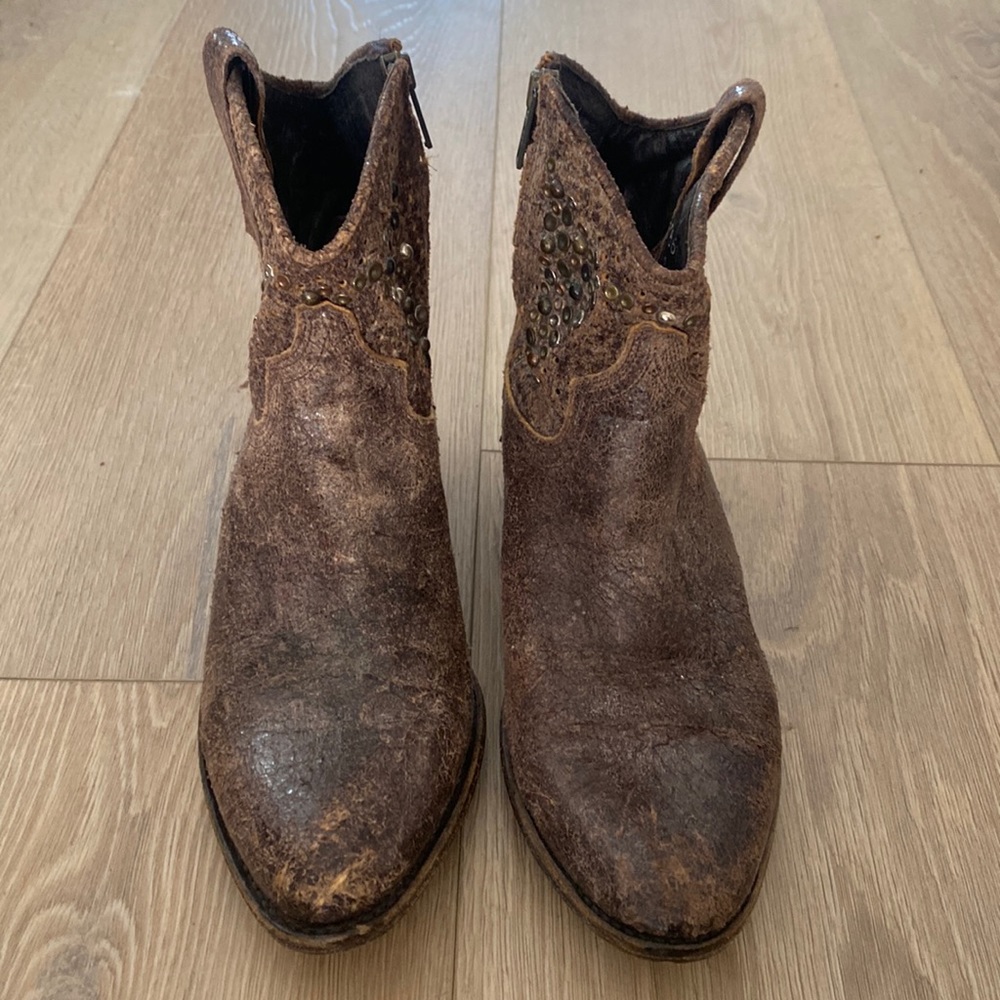 Frye Deborah distressed leather boot with hand embellished studs and side zipper